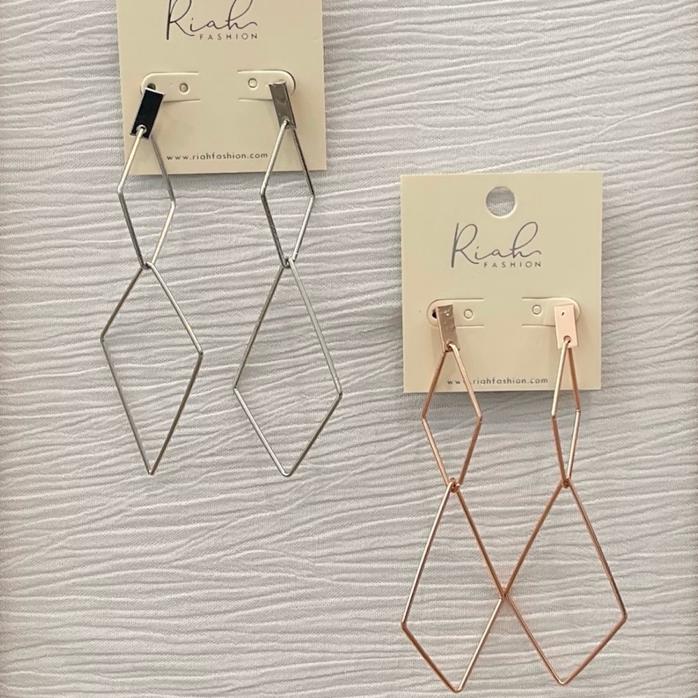 Riah Silver Diamond Shape & Rose Gold Diamond Shape Dangle Earrings 2 pairs